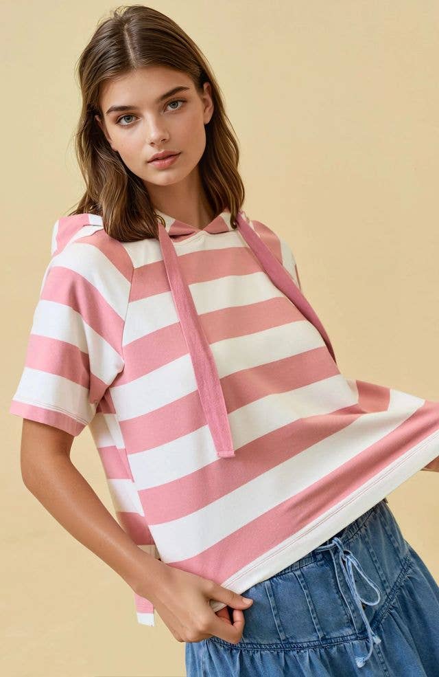 Wide Striped Hoodie Top in Pink (REG)