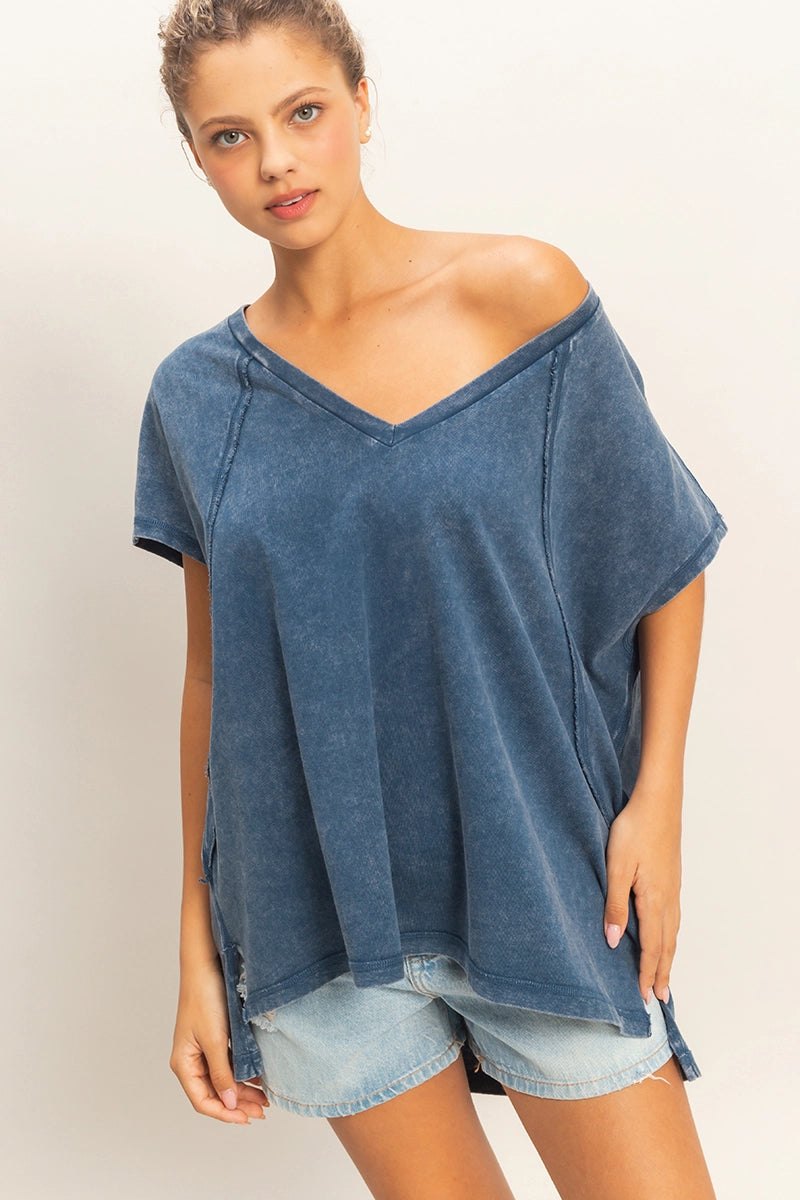 Oversized V-Neck Top in Navy (PLUS)