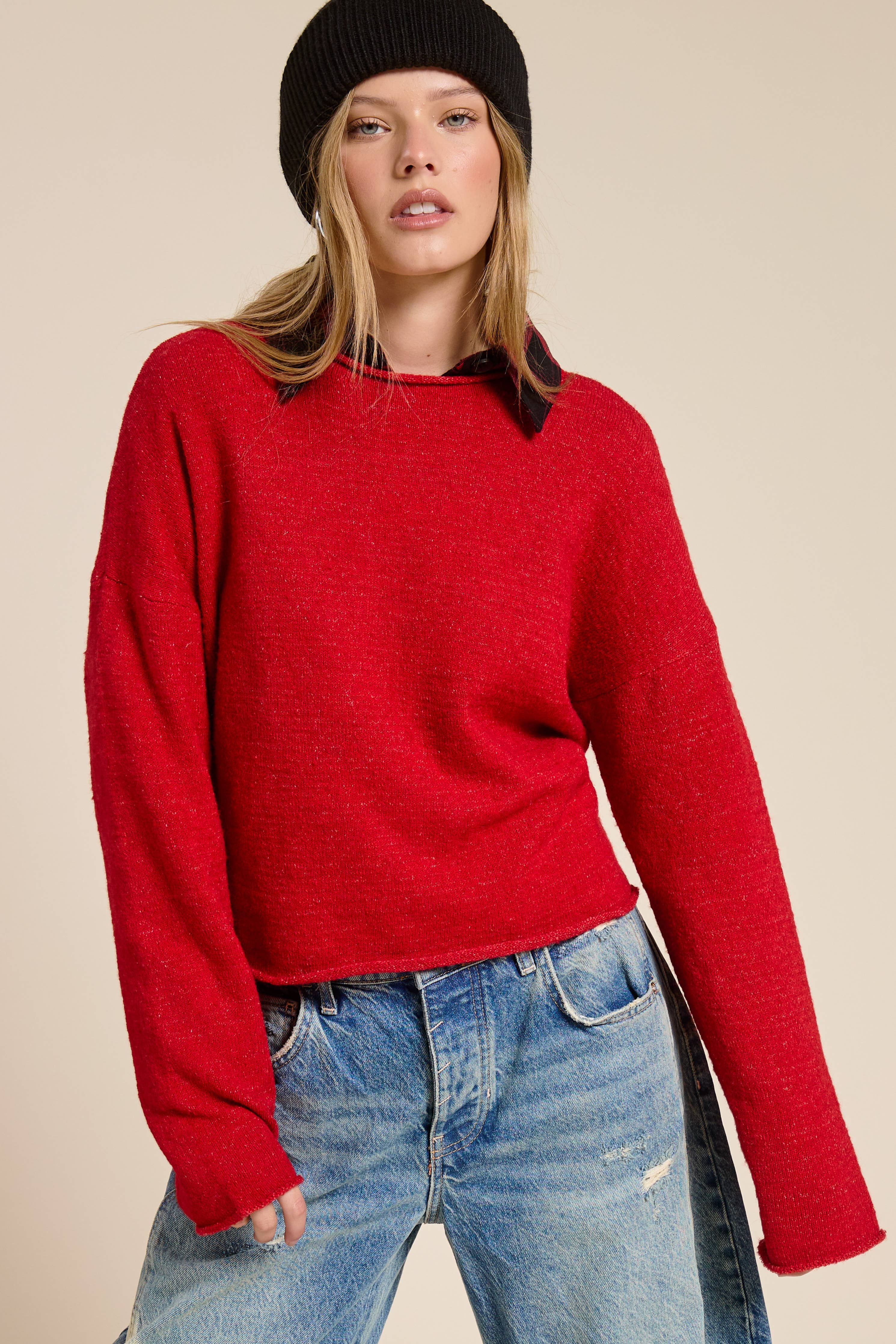 Essential Pullover Crop Sweater Top in Red (REG)