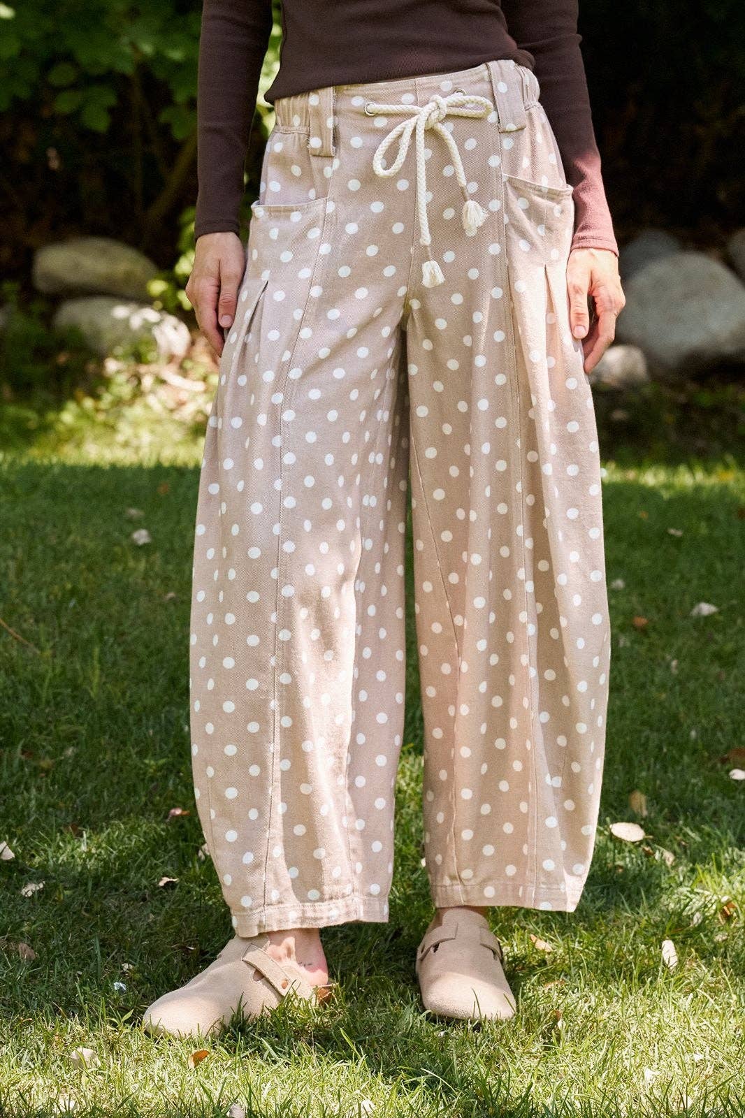 Taupe Polka Dot Barrel Leg Pants (REG)