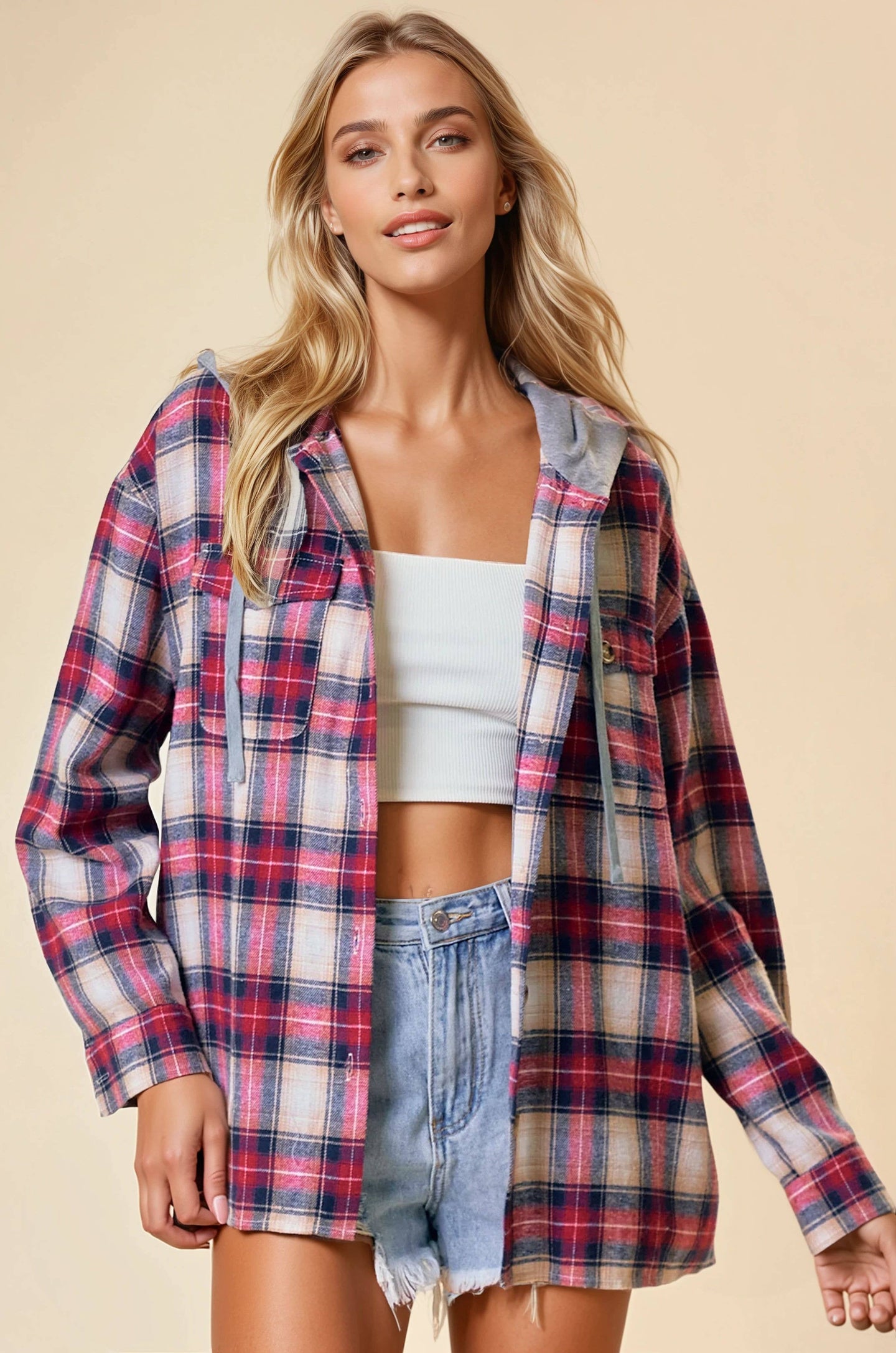 Hooded Plaid Shacket Jacket in Red (REG)