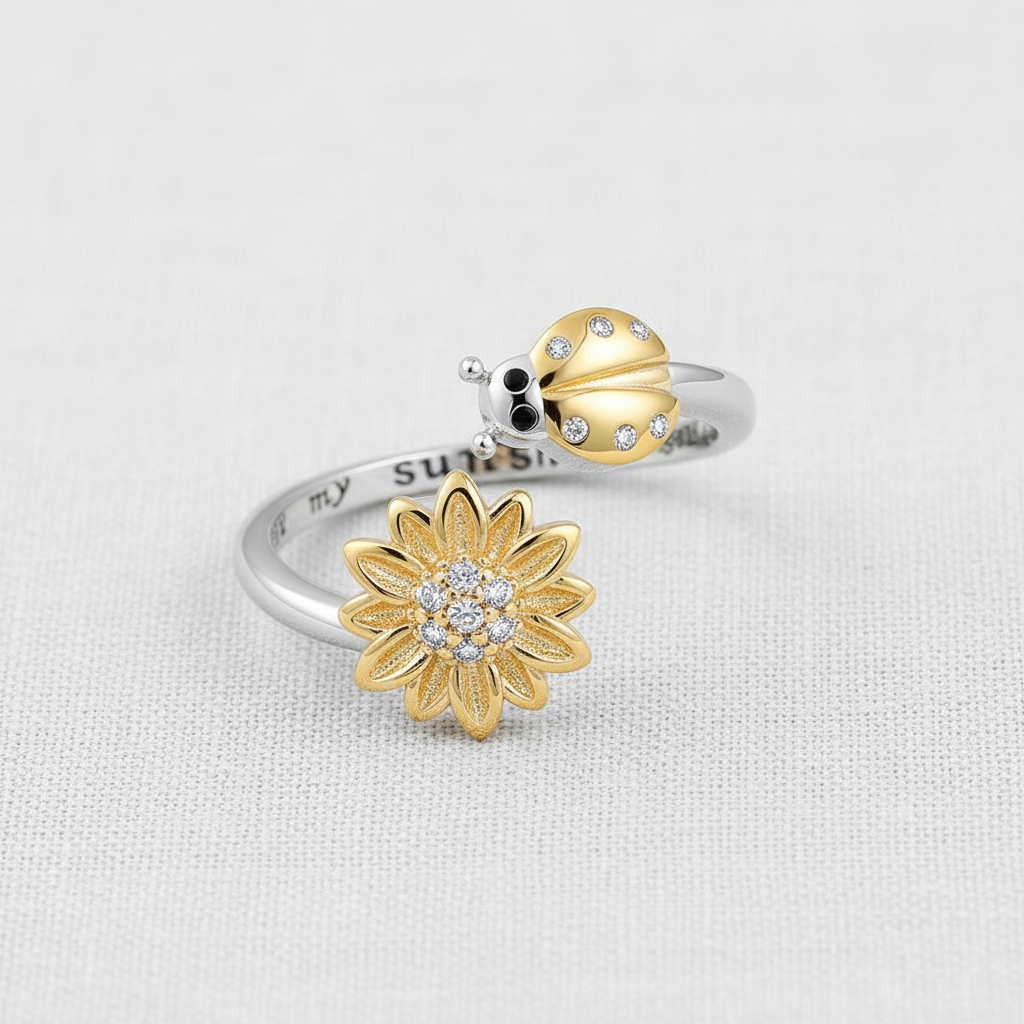 CZ Engraved Ladybug Spinner Ring
