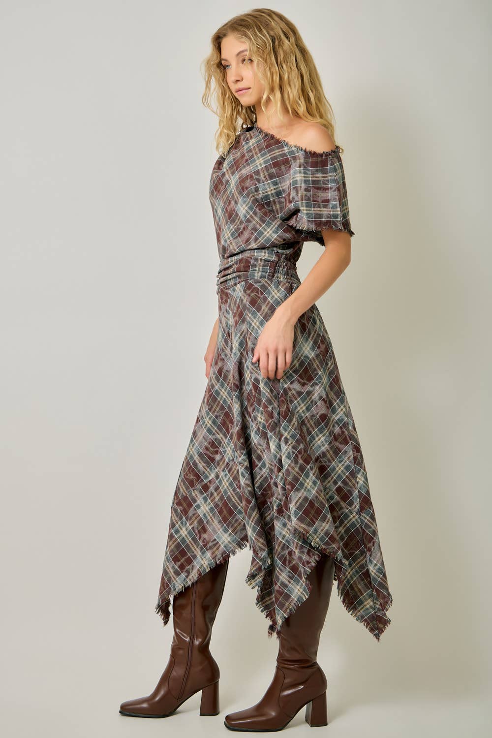 Asymmetrical Frayed Plaid Skirt in Wine/Teal (REG)