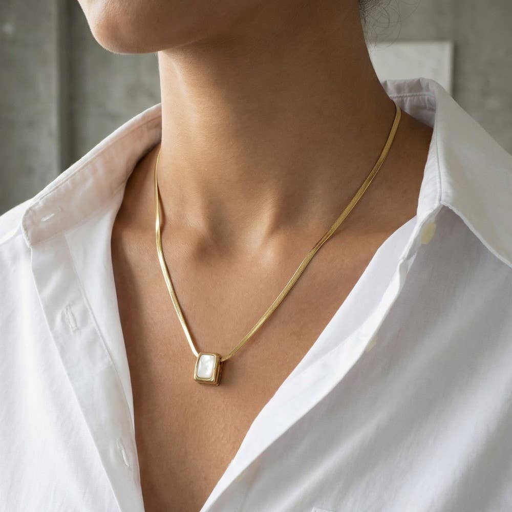 Stainless Steel Rectangle Pearl Necklace