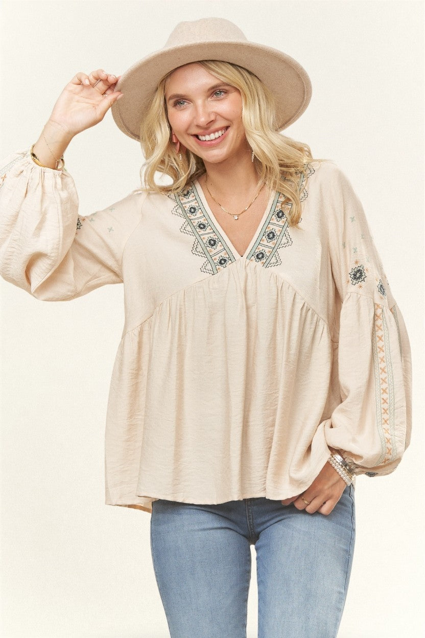 Boho Embroidered Peasant Top in Oatmeal (REG)