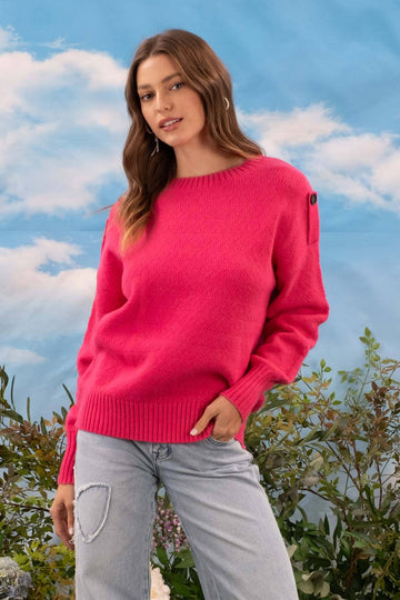 Button Tab Sweater in Fuchsia (REG)