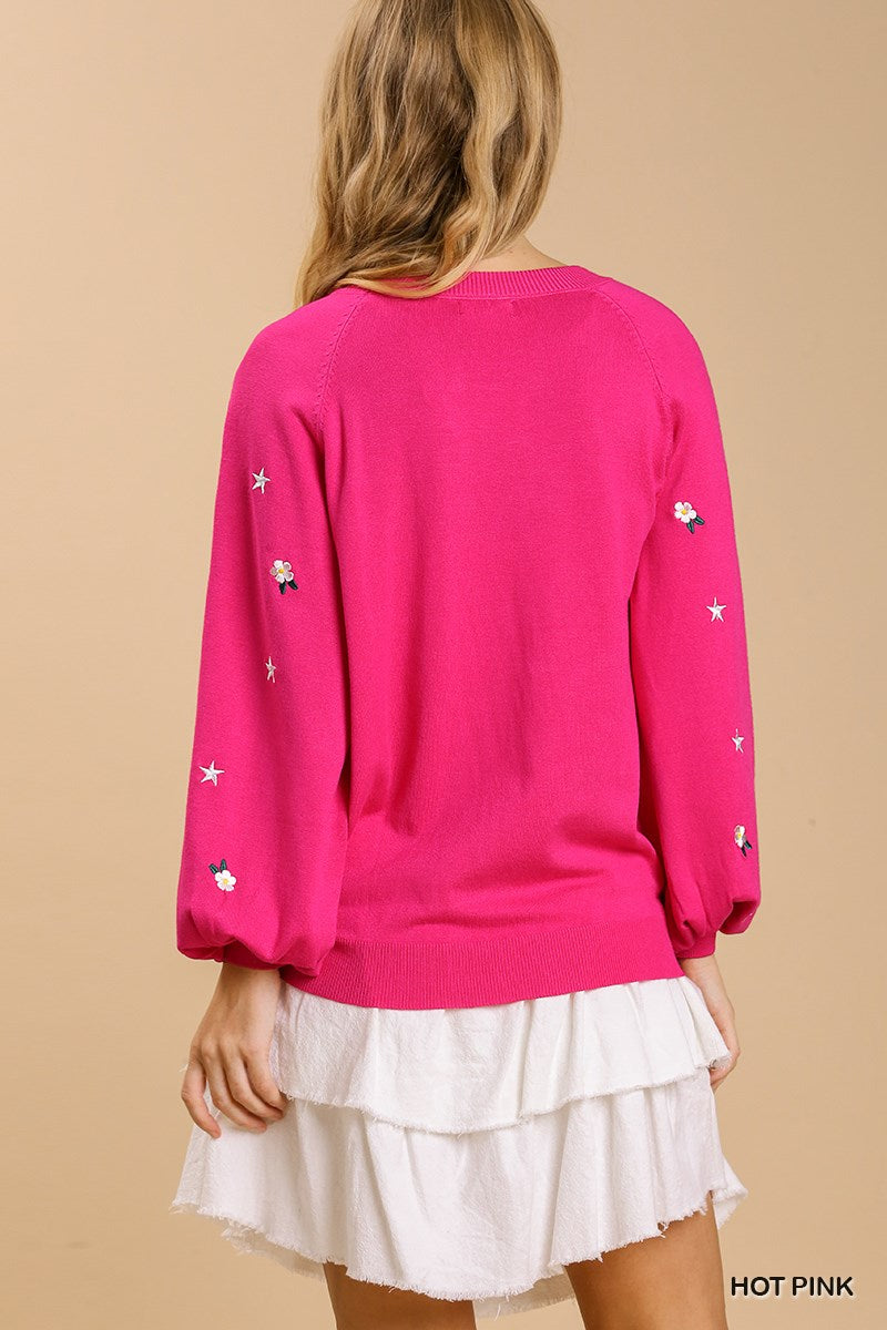 Star and Flower Embroidered Sweater in Hot Pink(REG)