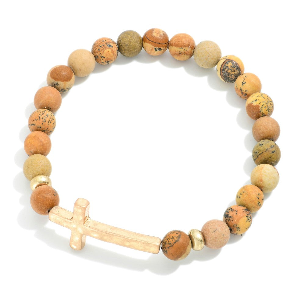 Stone Beaded Cross Stretch Bracelet