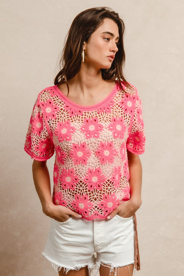 Crochet Flower Top in Neon Pink (REG)