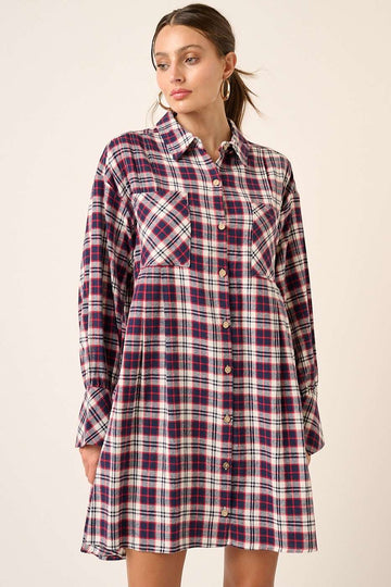 Plaid Button Down Mini Dress in Navy (REG)