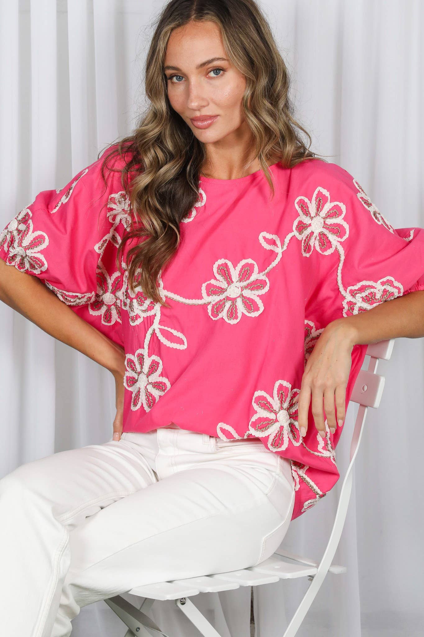 3D Floral Blouse Top in Pink (PLUS)