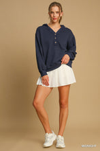 Frayed Henley Hoodie Top in Midnight (REG)