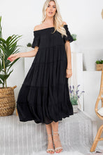 Off Shoulder Tiered Midi Dress in Black (REG)