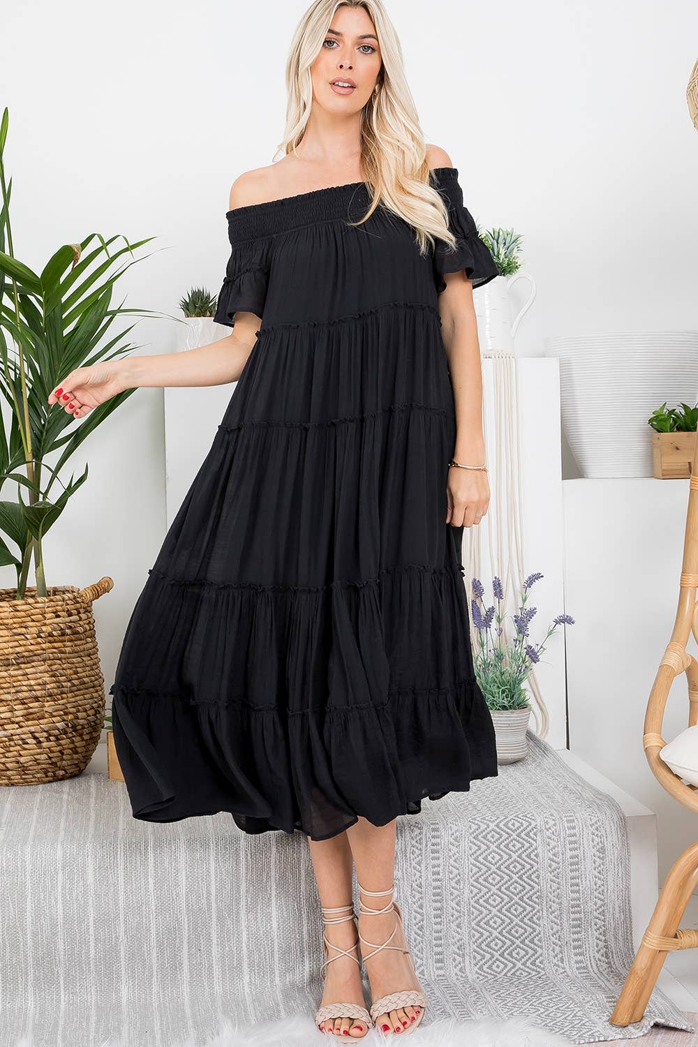 Off Shoulder Tiered Midi Dress in Black (REG)