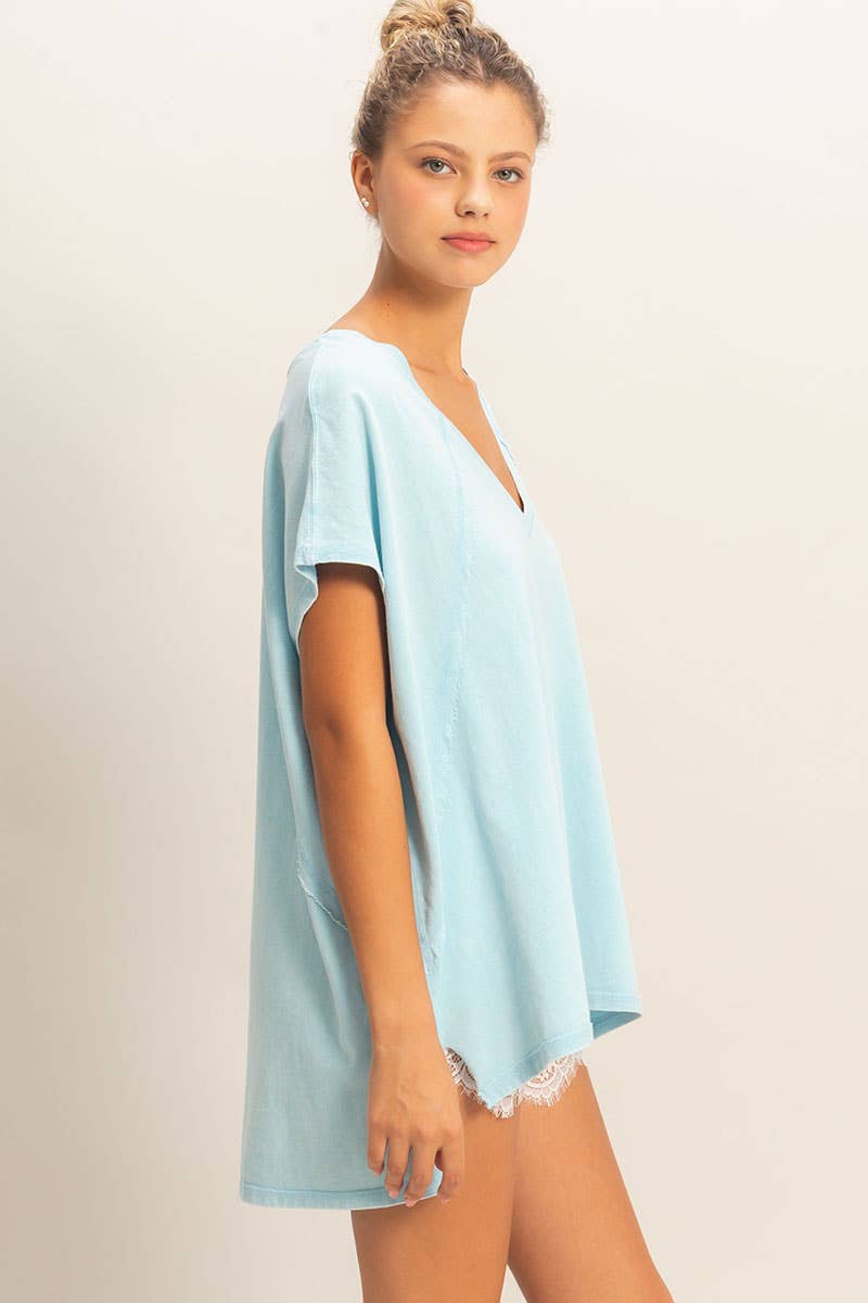 Oversized V-Neck Top in Blue (REG/PLUS)