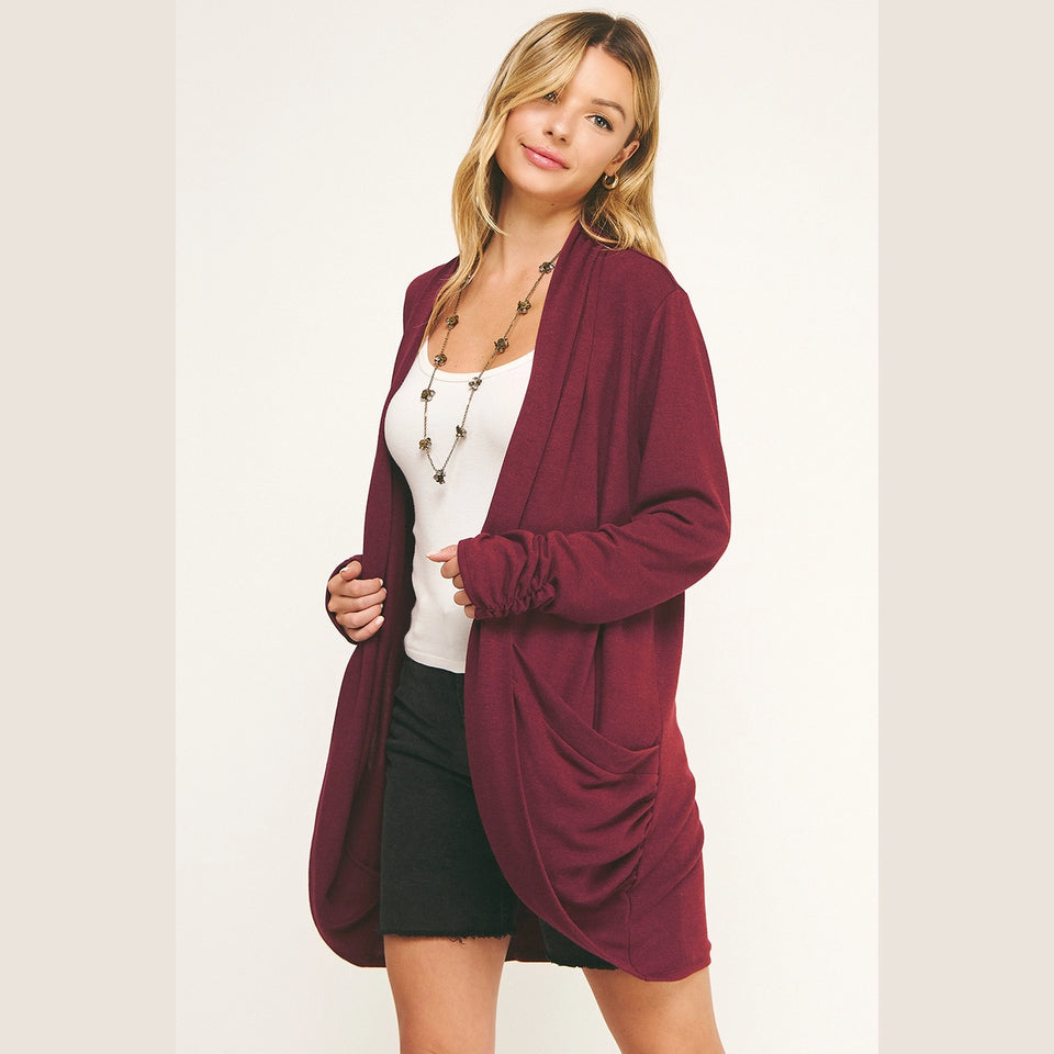 Soft Wrap Open Cardigan in Burgundy (REG)