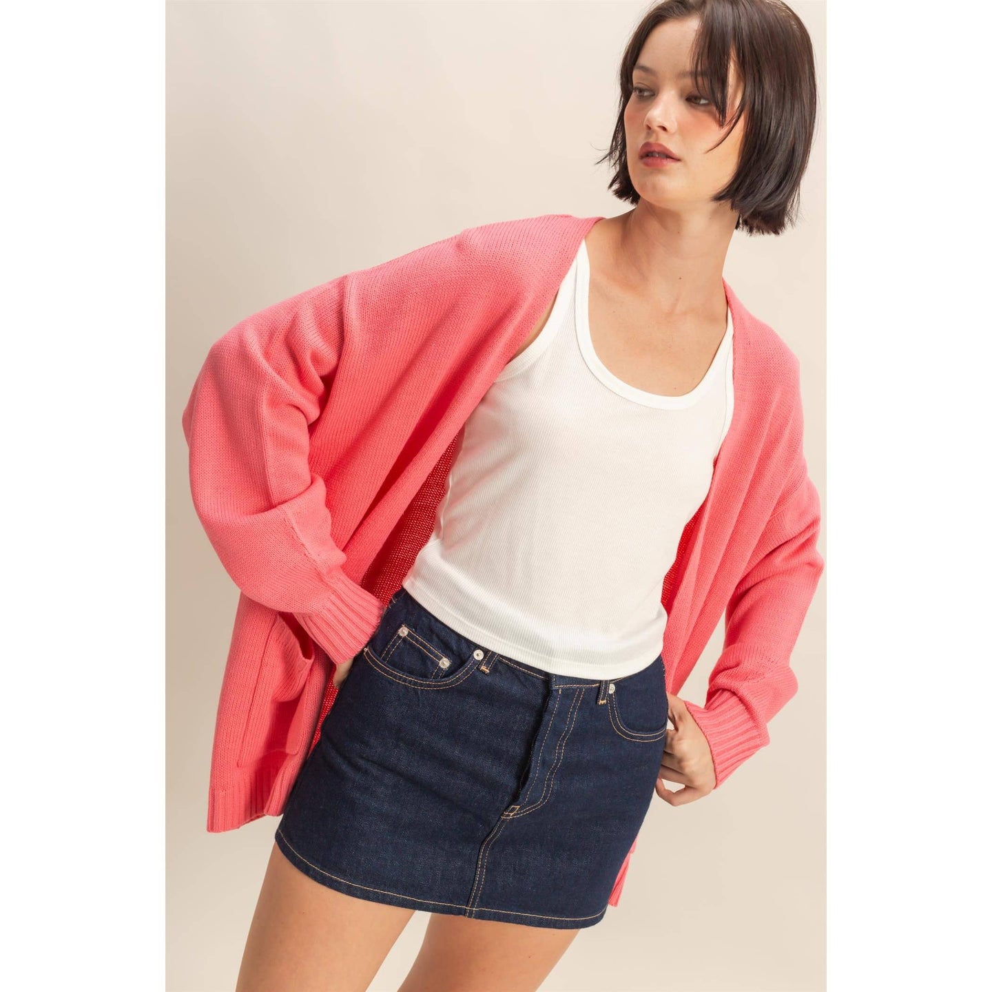 Oversized Open Cardigan in Taffy Pink (REG)