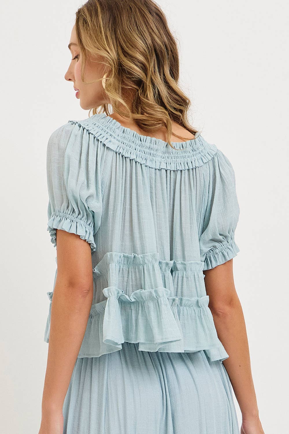Tiered Ruffle Layer Top in Misty Blue (REG)
