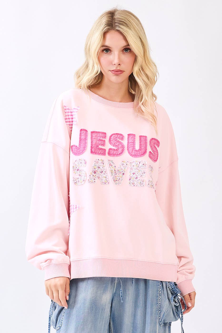 Jesus Saves Patchwork Sweatshirt in Icy Pink (REG)