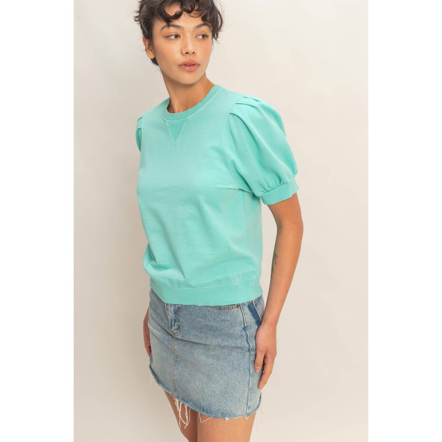 Turquoise Puff Sleeve V-Stitch Top (REG)