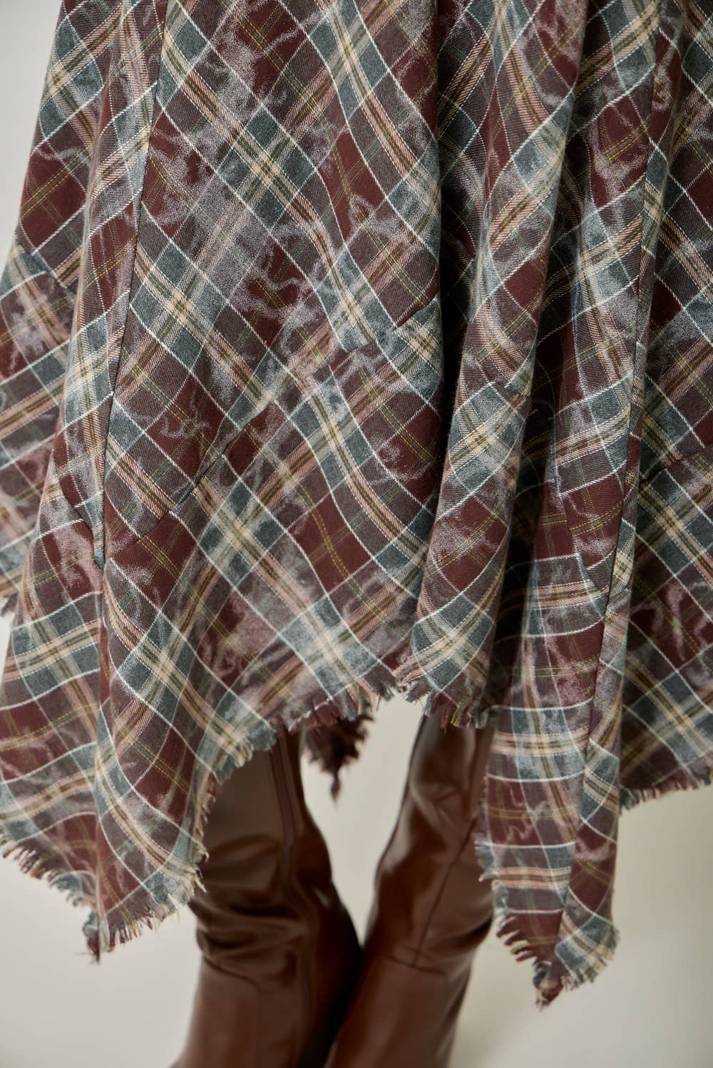 Asymmetrical Frayed Plaid Skirt in Wine/Teal (REG)