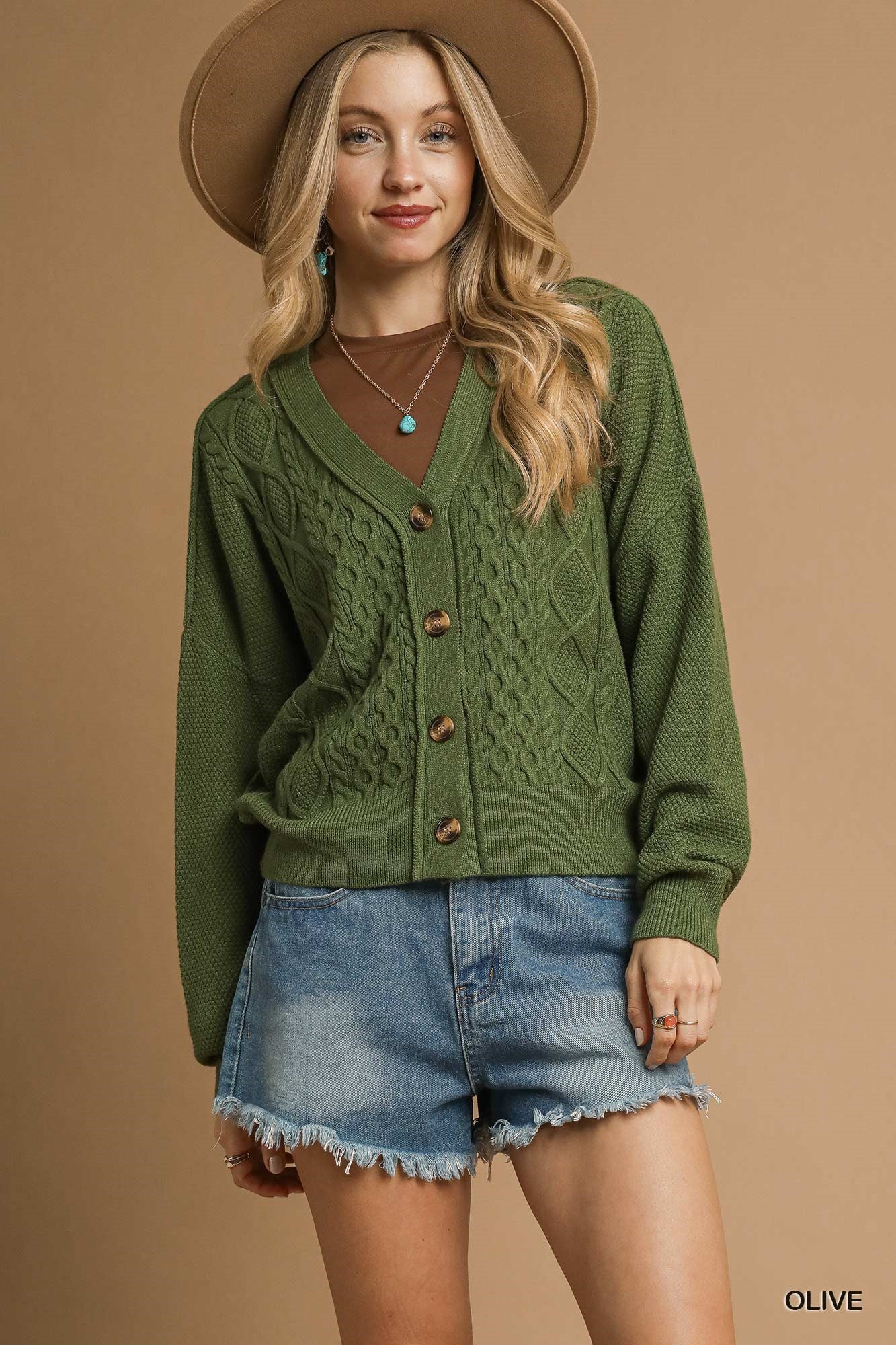 Classy Cable Cardigan in Olive (REG)