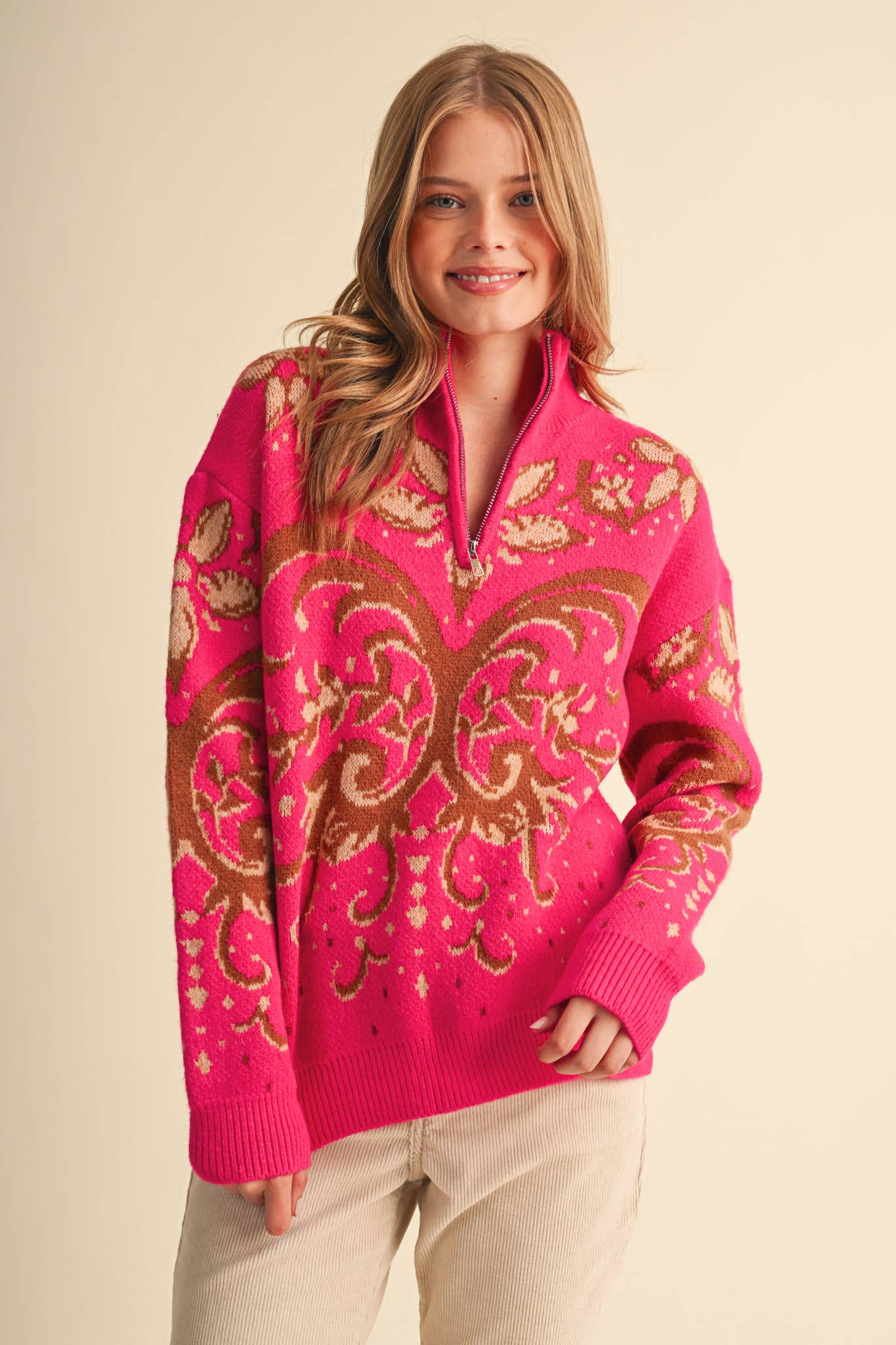 Floral Damask Half Zip Sweater in Fuchsia (REG)