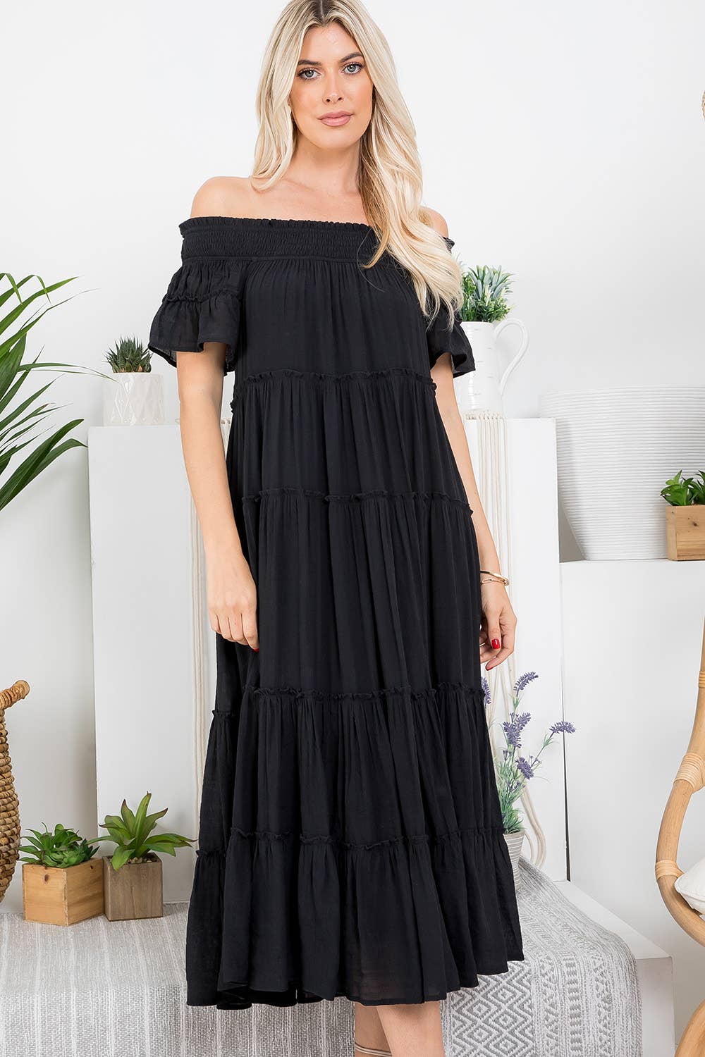 Off Shoulder Tiered Midi Dress in Black (REG)