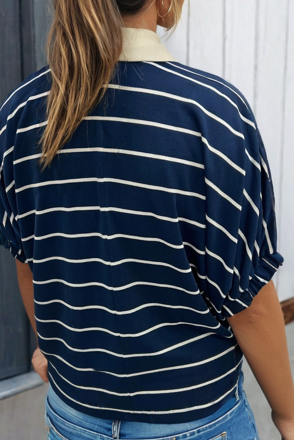 Striped Stand Collar Top in Blue (REG)
