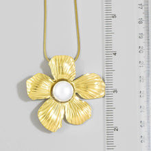 Stainless Steel Textured Flower Necklace w/ Pearl