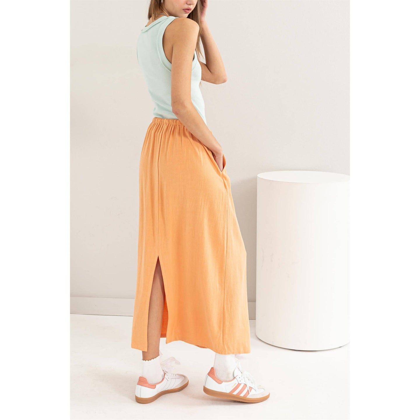 Orange Drawstring Linen Midi Skirt (REG)