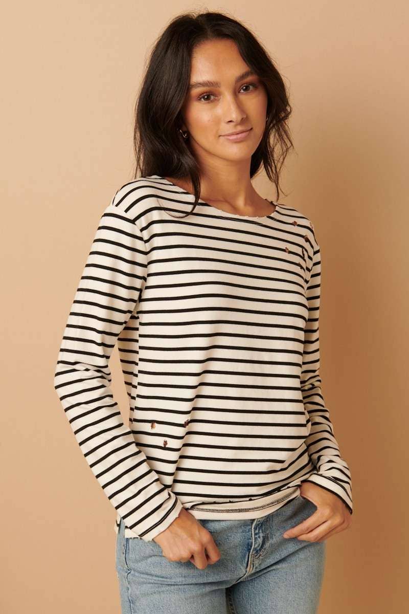 Distressed Striped Top in Ivory (REG)