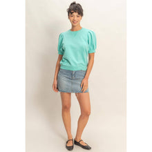 Turquoise Puff Sleeve V-Stitch Top (REG)