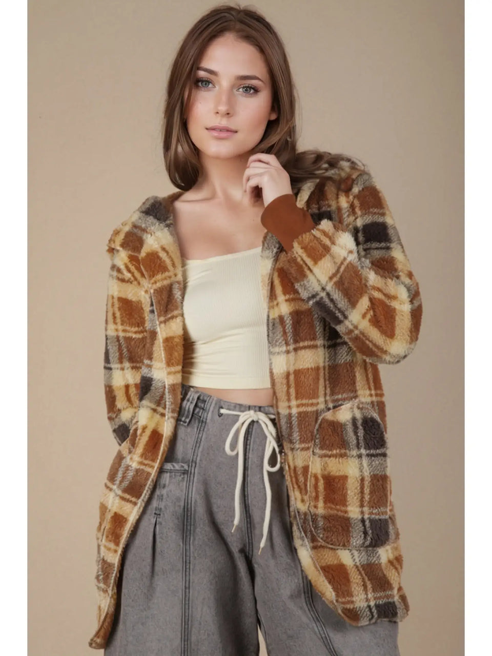 Door Buster * Faux Fur Plaid Jacket in Camel (Reg)