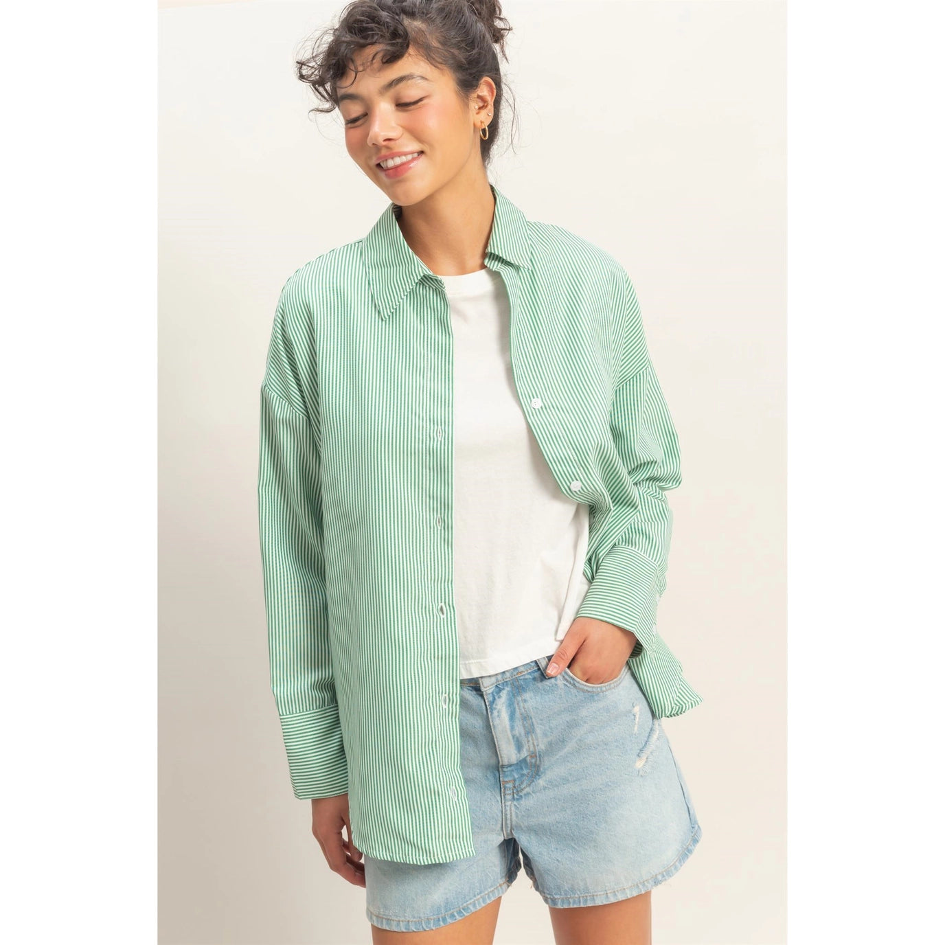 Green Striped Button-Up Top (REG)