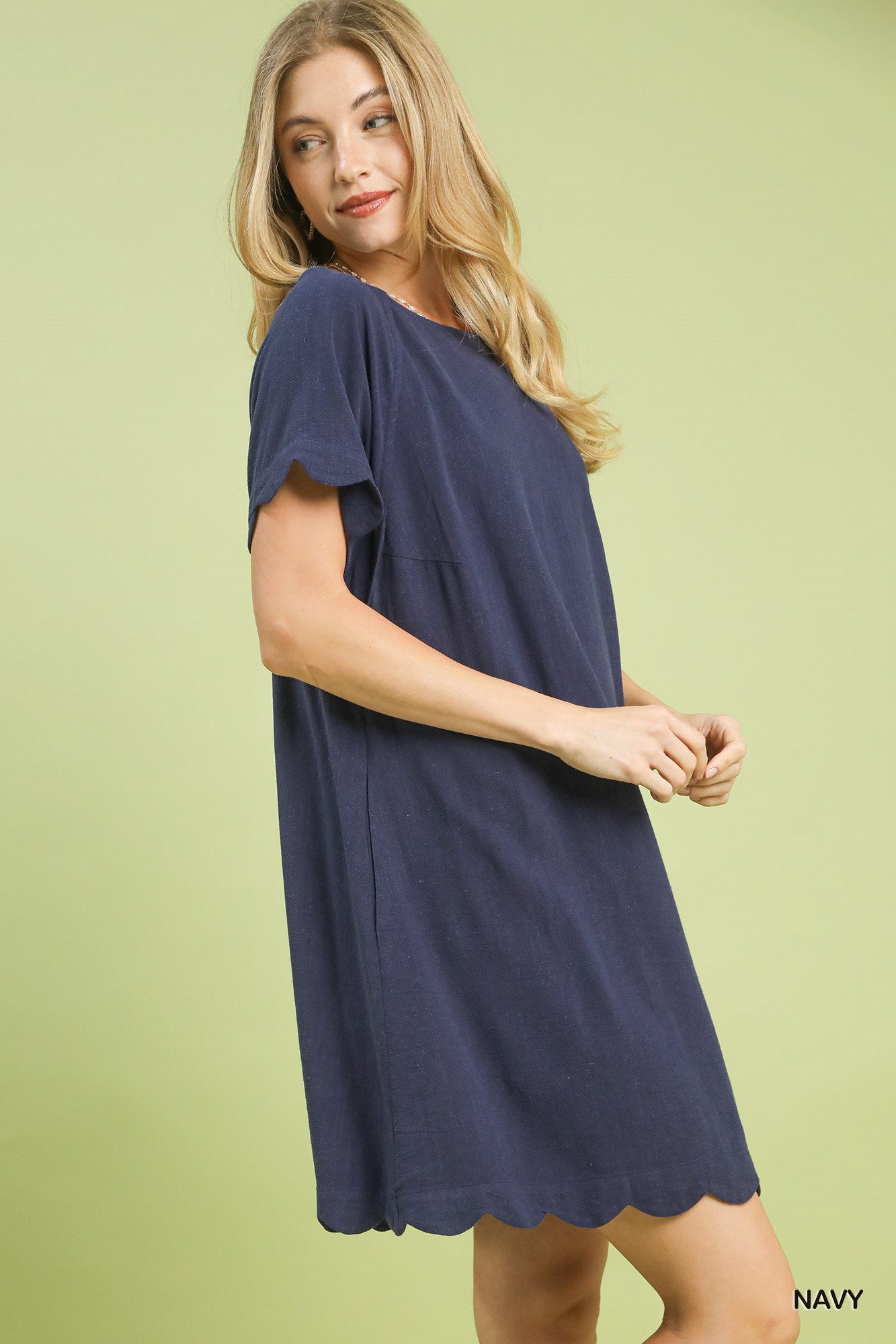 Scallop Linen Dress in Navy (REG)