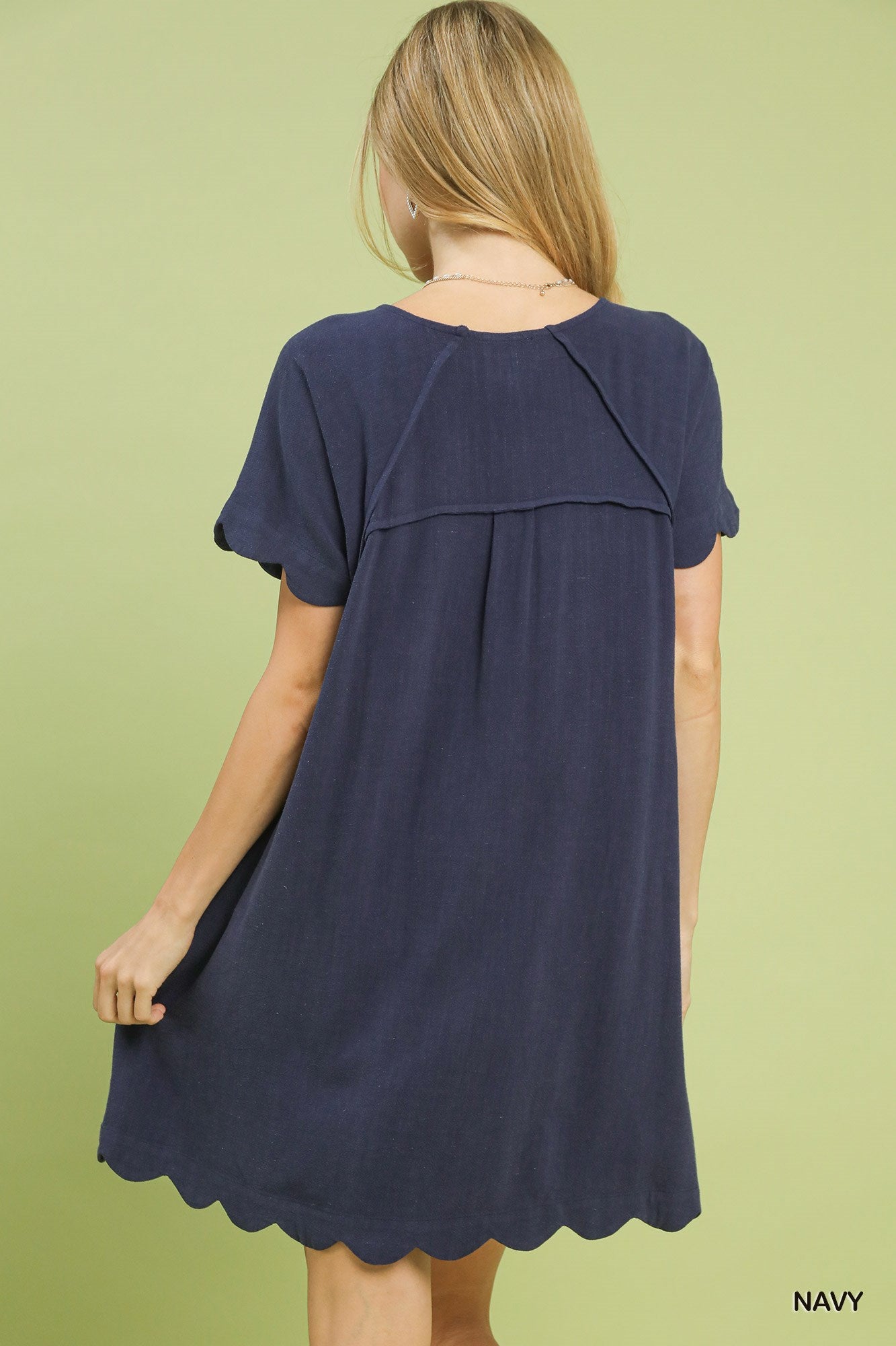 Scallop Linen Dress in Navy (REG)