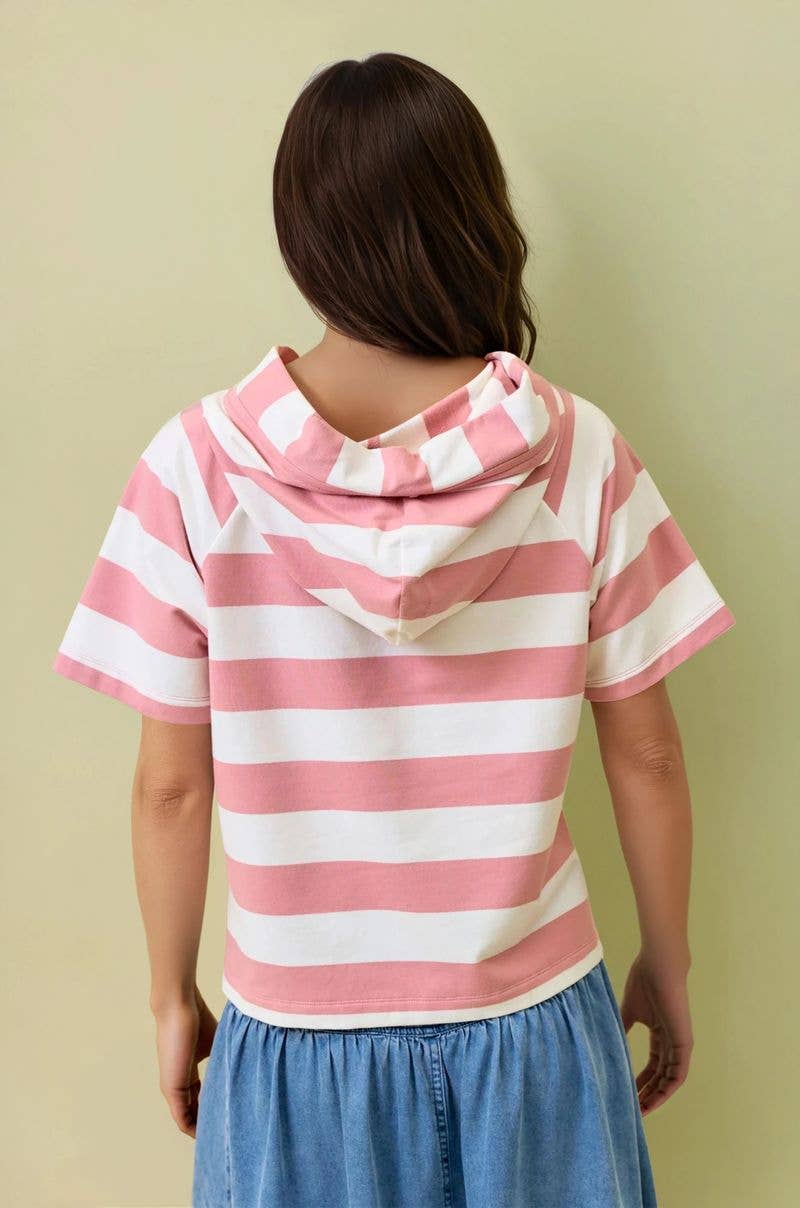 Wide Striped Hoodie Top in Pink (REG)