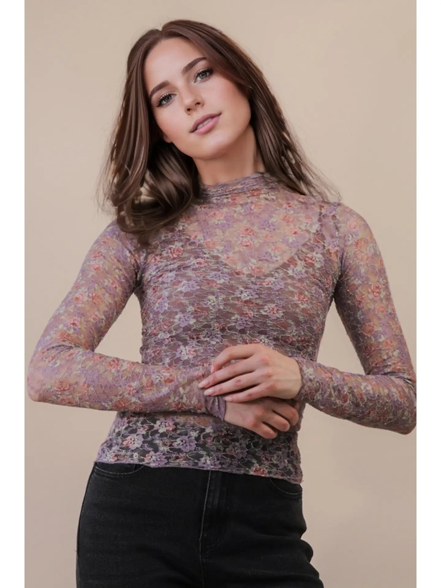 High Neck Floral Mesh Top in Mauve (REG)