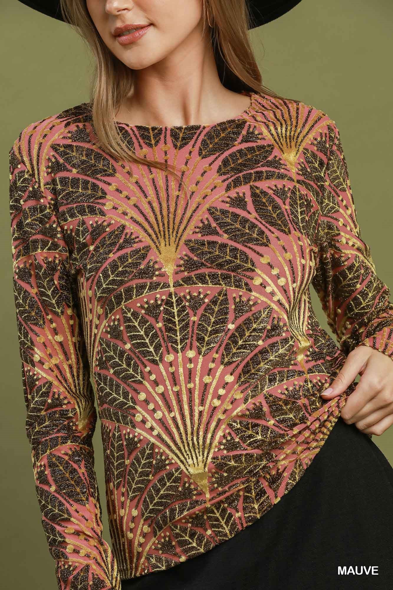 Botanical Velvet/Metallic Top in Mauve (REG)