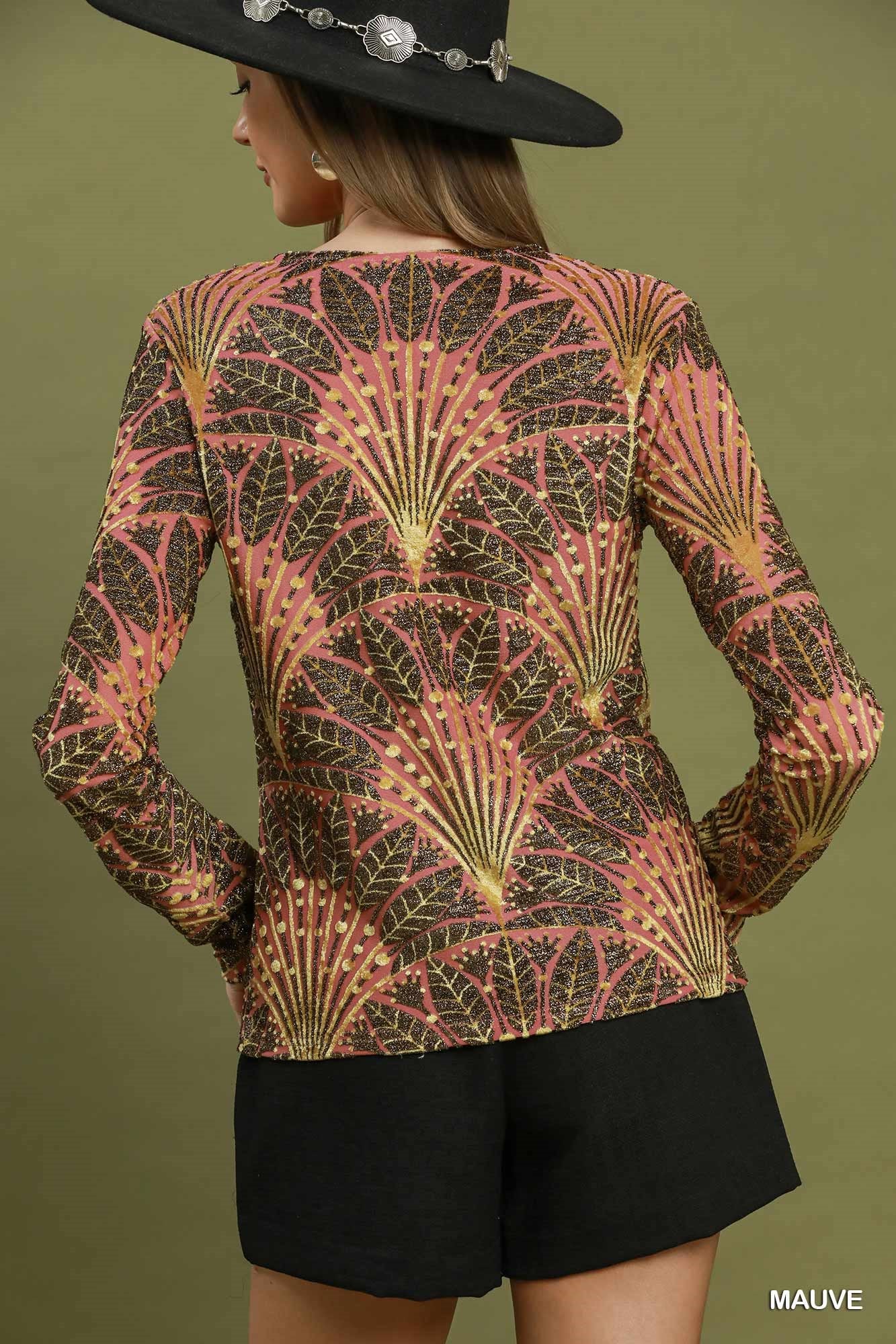 Botanical Velvet/Metallic Top in Mauve (REG)