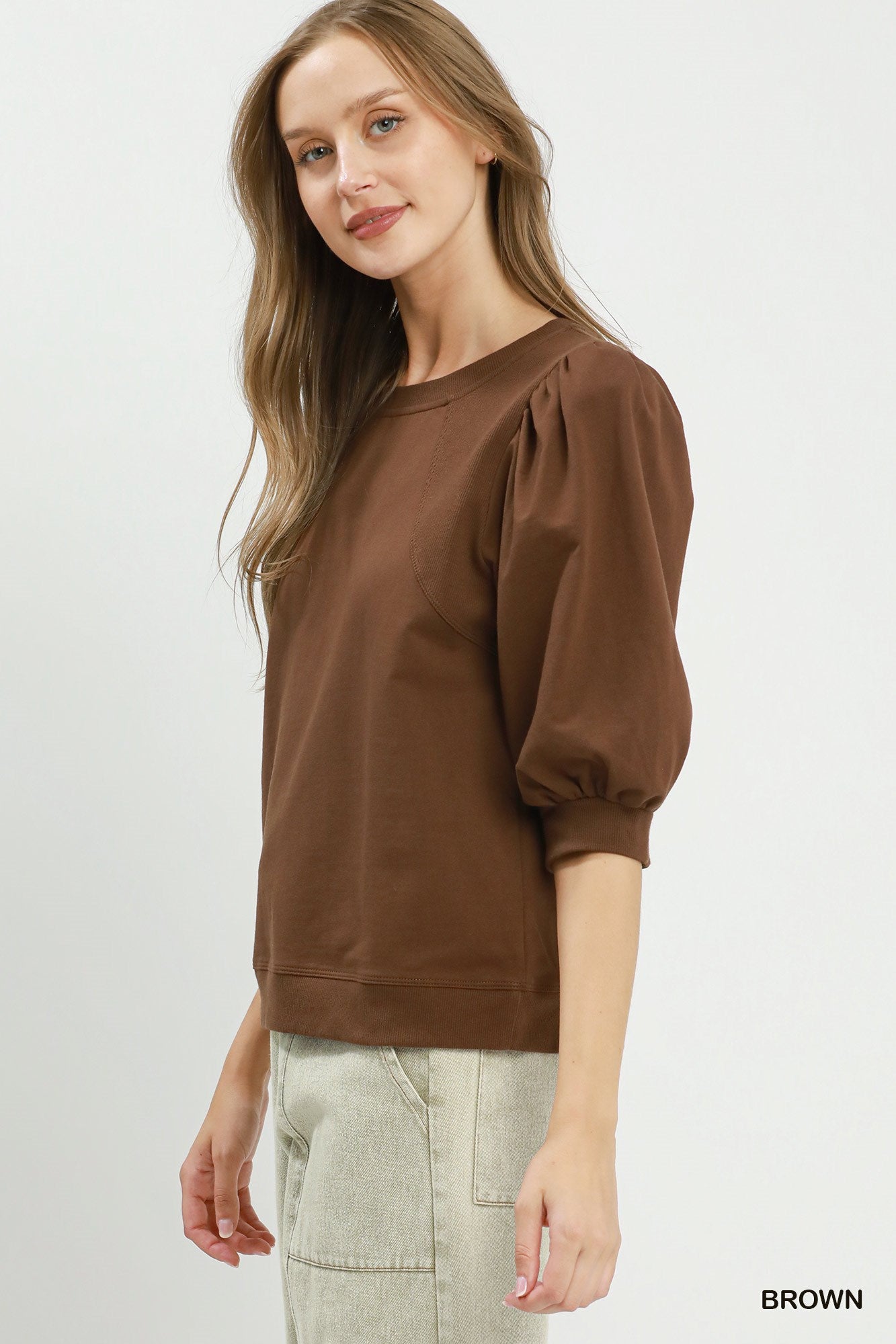 Puff Sleeve Sweatshirt Top in Brown (REG)