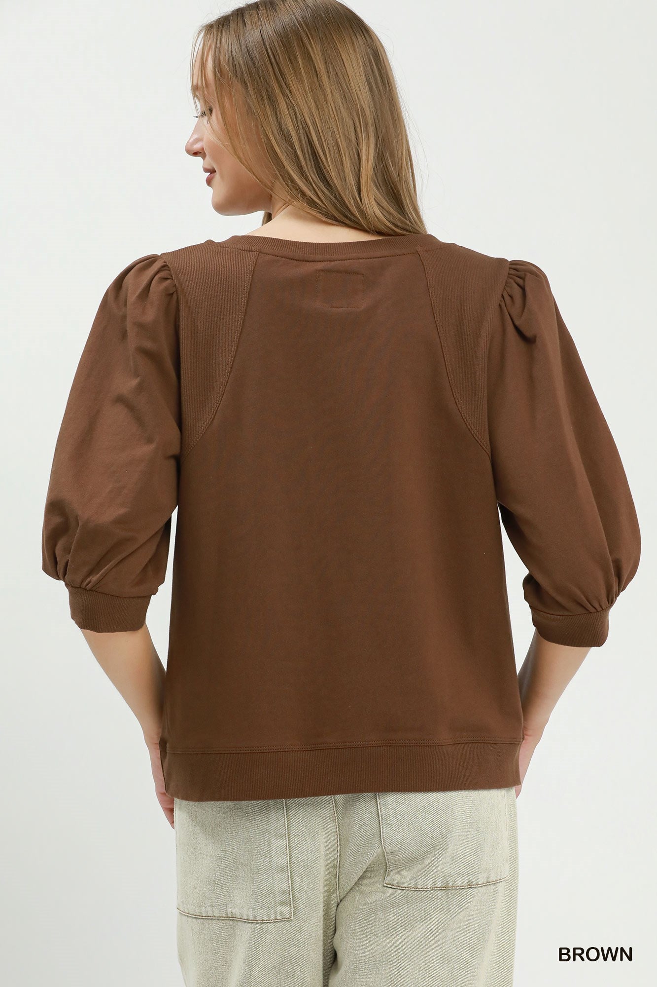 Puff Sleeve Sweatshirt Top in Brown (REG)