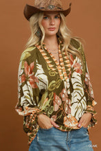 Tropical Split Neck Top in Olive (REG)