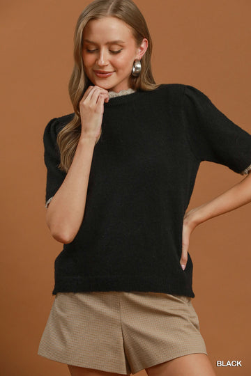 Scallop Trim Puff Sleeve Sweater in Black (REG)