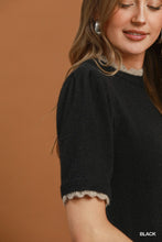 Scallop Trim Puff Sleeve Sweater in Black (REG)