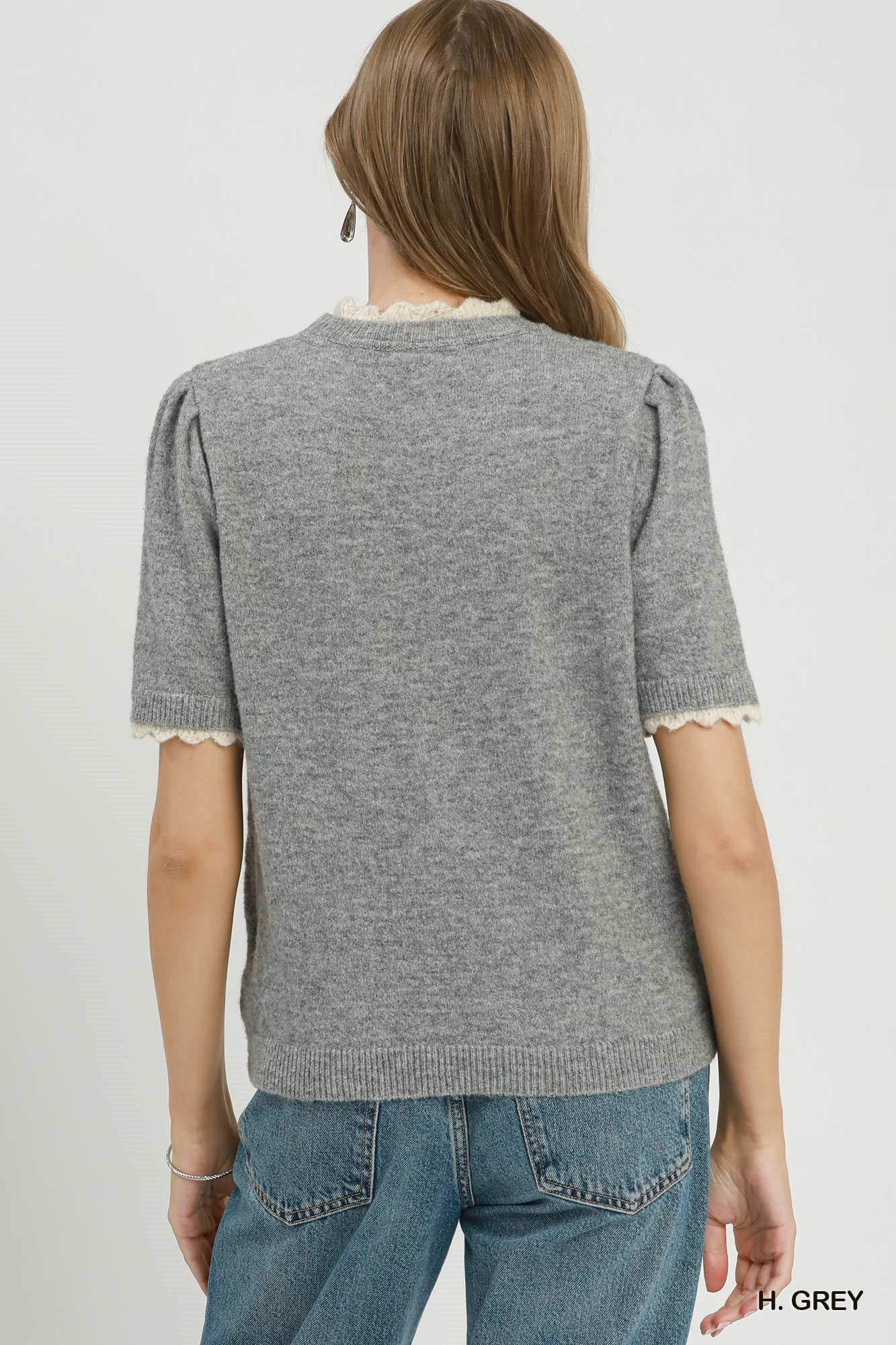 Scallop Trim Puff Sleeve Sweater in Grey (REG)