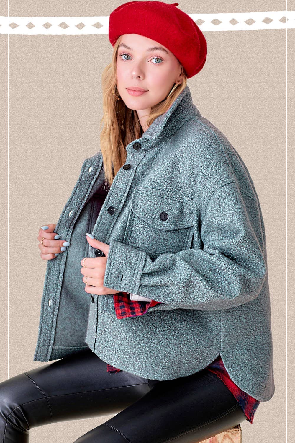 Fuzzy Fabric Button Down Jacket in Slate Teal (REG)