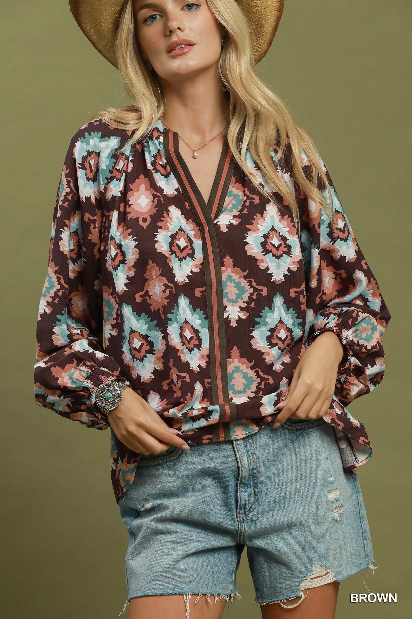 Brandy Medallion Print Top in Brown (REG)