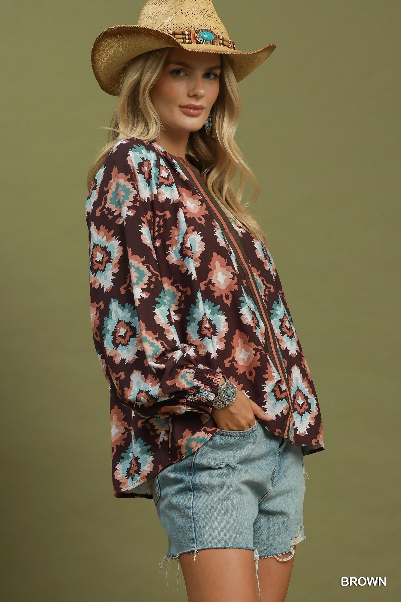 Brandy Medallion Print Top in Brown (REG)